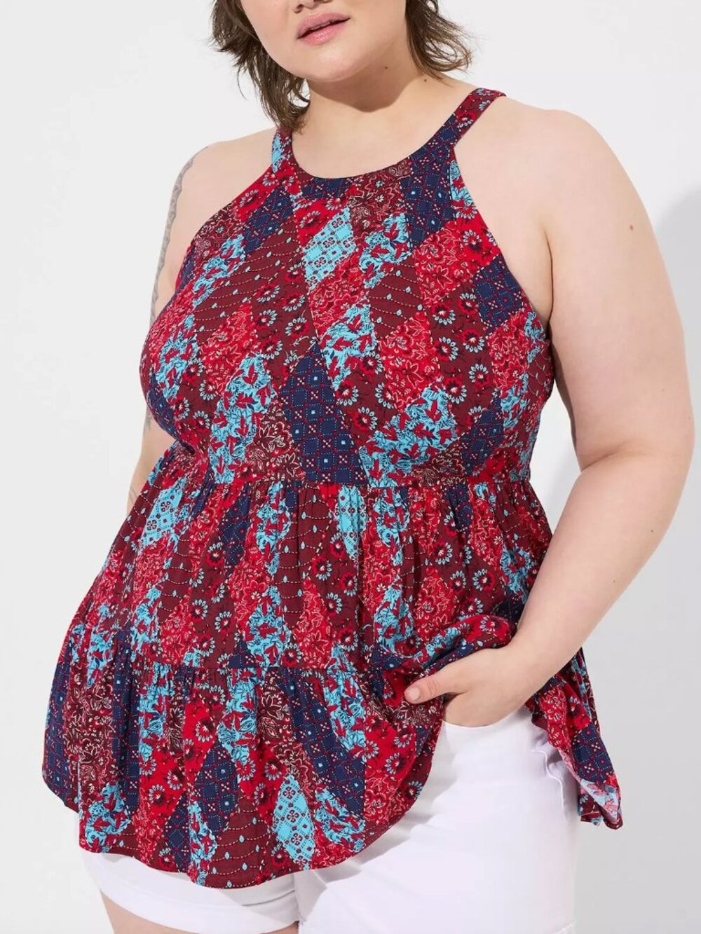 TORRID 1 Plus Size Rayon Slub Halter Neck Tiered Sleeveless Top Patchwork Red 1X